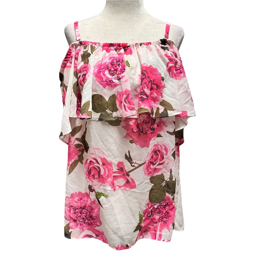 INC INTERNATIONAL CONCEPTS 
Floral Chiffon Ruffled Off-the-Shoulder Top L